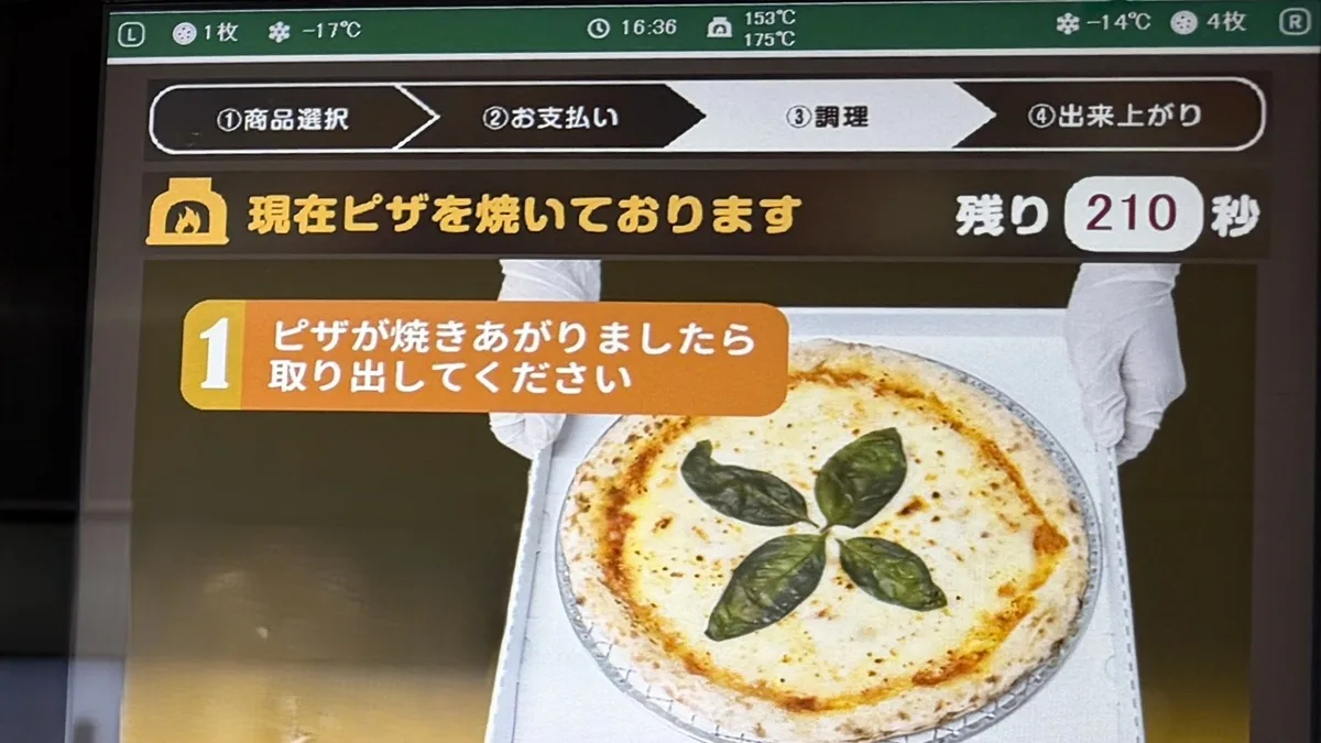ピザ自販機は自分が注文したピザを焼いているリアルタイムな状況がモニタに映ります。