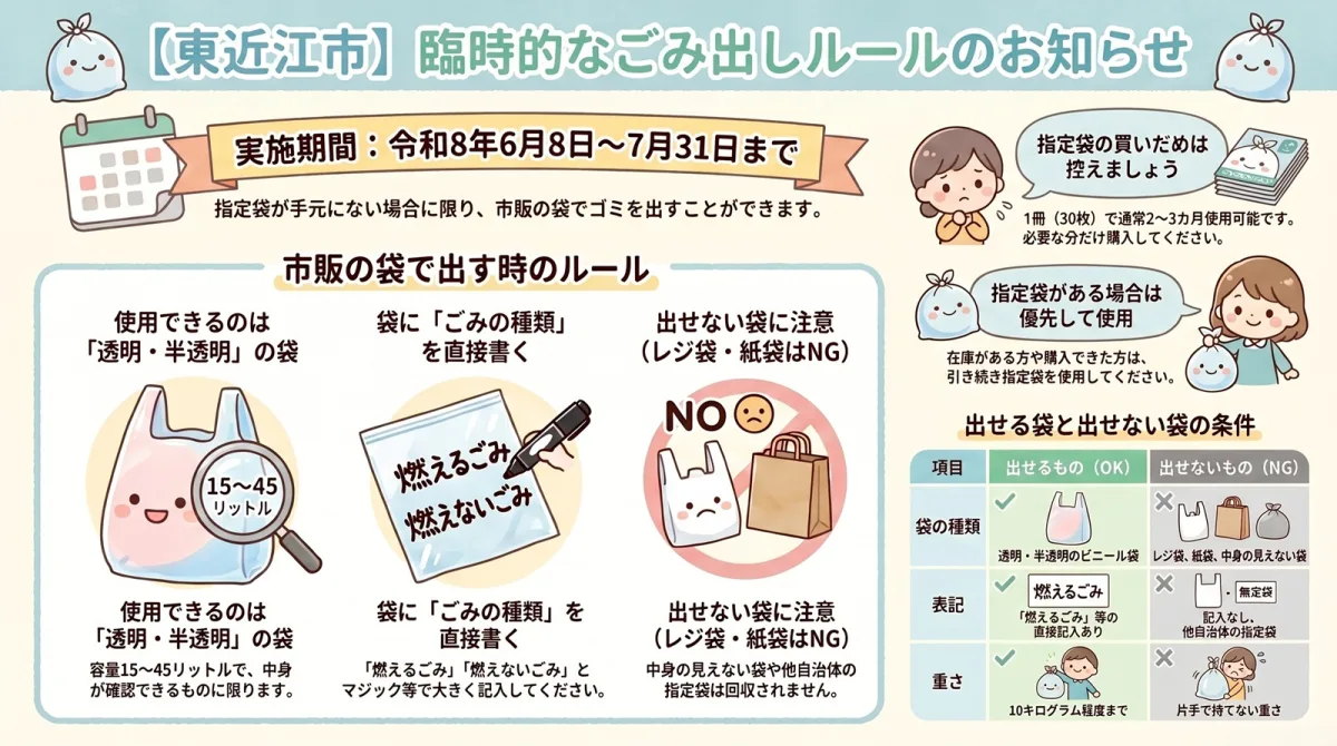 東近江市が指定ごみ袋の品切れに対応した臨時措置を実施中。2026年7月31日まで透明ビニール袋でごみ出しが可能です。条件や注意点を解説。