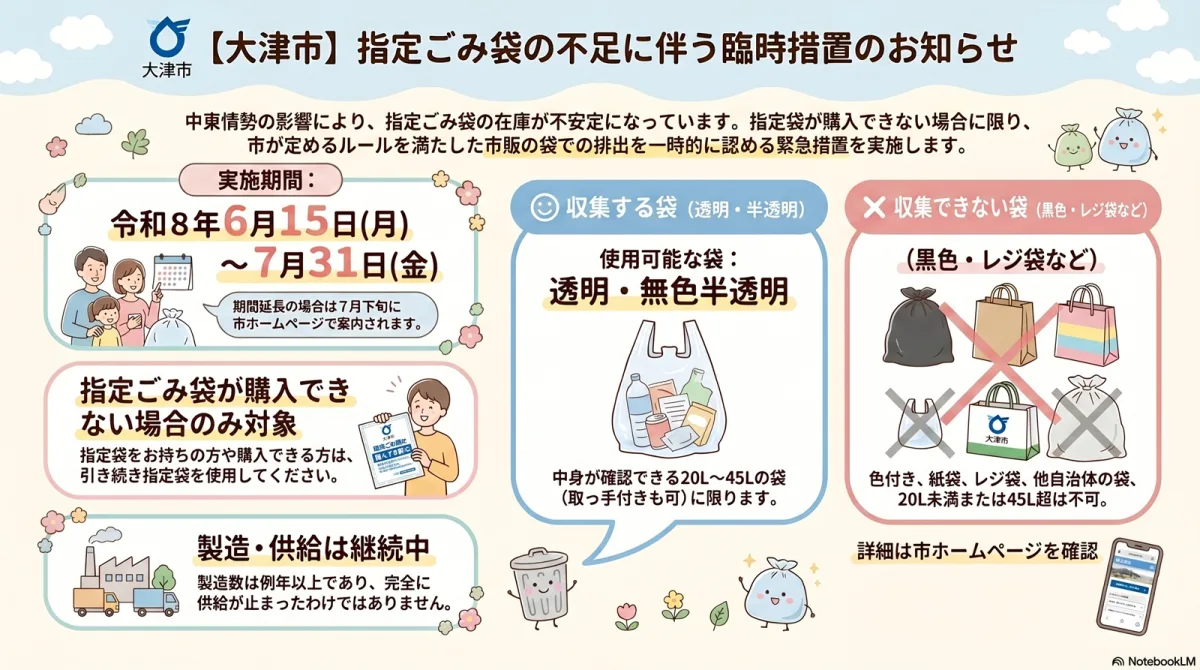 大津市指定ごみ袋に臨時措置 期間限定で透明袋OK。イラストでわかりやすく解説